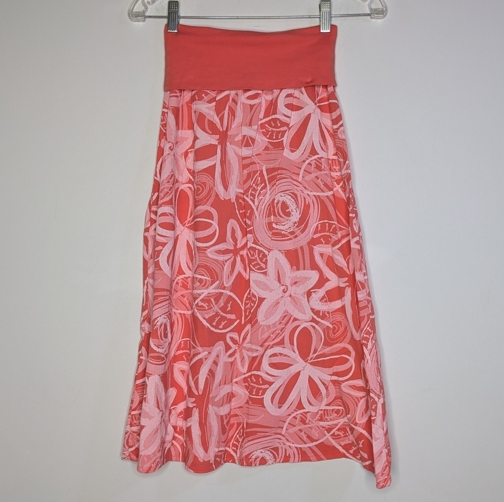 Fresh Produce Peachy Salmon White Floral Pull On Midi Skirt XS/S